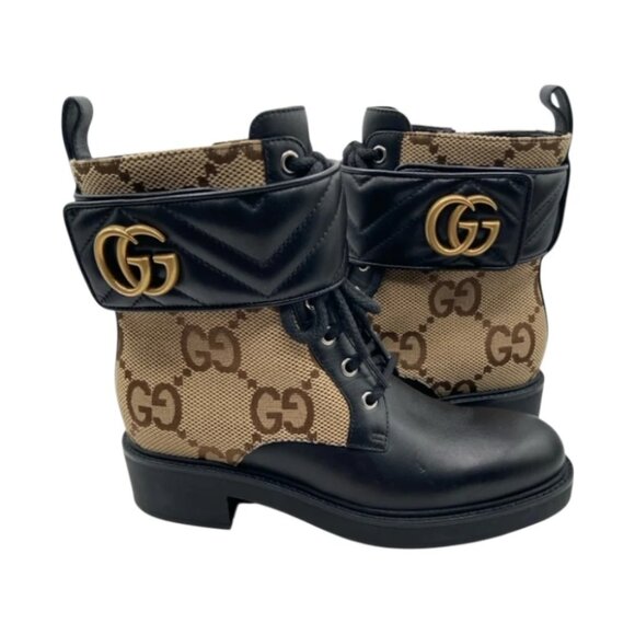 Gucci GG-Canvas Logo-Plaque Combat Boots 37.5 EU / 7.5 US Black & Tan - Picture 1 of 7
